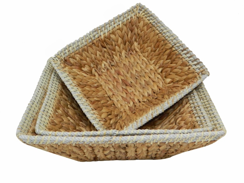 Artisanal Water Hyacinth Square Bowls with Rope Rim - Custom-Made Nesting Storage Solution
